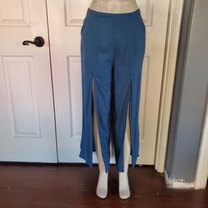 Linen Blend Blue Pants With High Open Slits On The Front Pull-on Wide-leg Large
